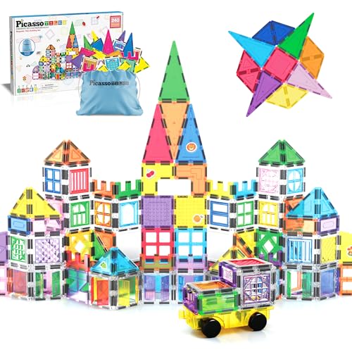 PicassoTiles 240pc Magnetic Tiles Building Set with Storage Bag Themed Stickers and Car Base Magnet Tile STEM Sensory Fun Creative Learning Classroom