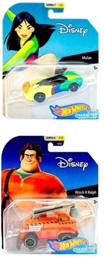 Hot Wheels Set of 6 Disney/Pixar Character Cars, Series 7, 1/64 Collectible Die Cast Toy Cars, with Mulan, Sebastian, Cheshire Cat, Wreck-It Ralph