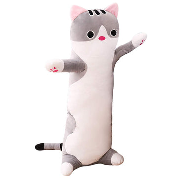 Jensquaify Cat Plush Hugging Pillow, Cat Stuffed Animals Soft Kitten Plush Long Body Pillow Toy Gifts for Kids (Gray, 27.55 inch)
