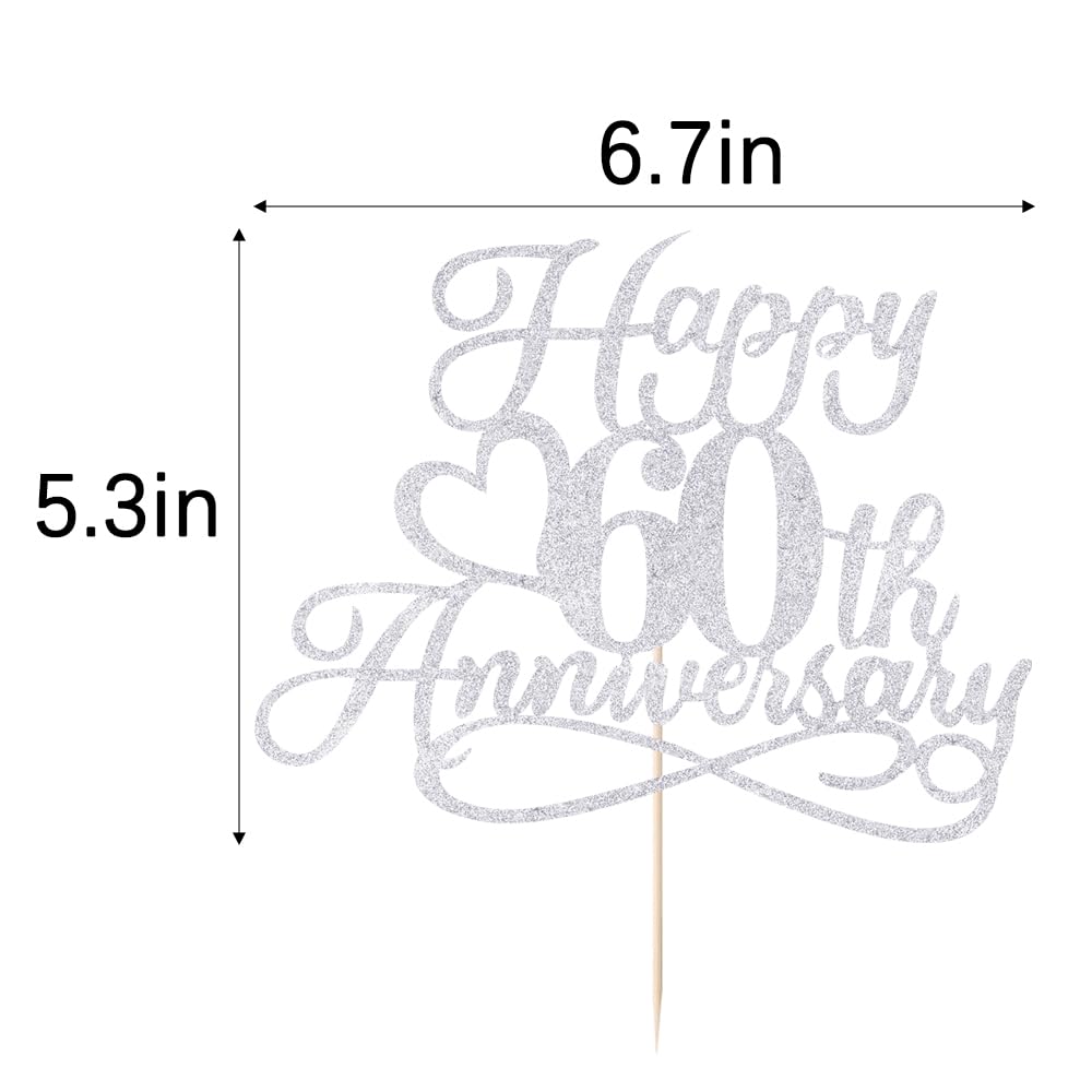 YUINYO Silver Glitter Happy 60th Anniversary Cake Toppers