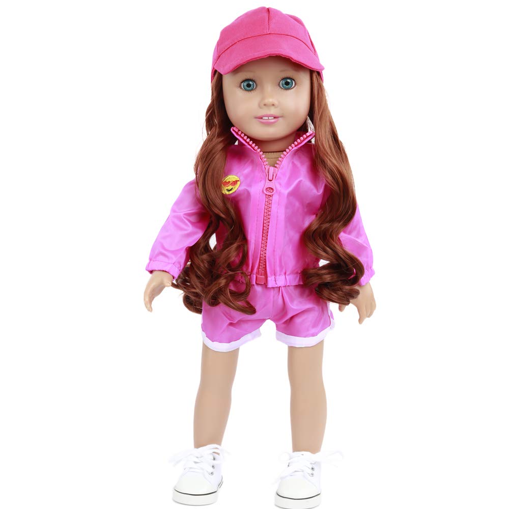 Wig Cap with Colorful Hats and Attached Hair - Fits 14-Inch and Up Dolls, Stylish Doll Accessory (Pink/Brunette)