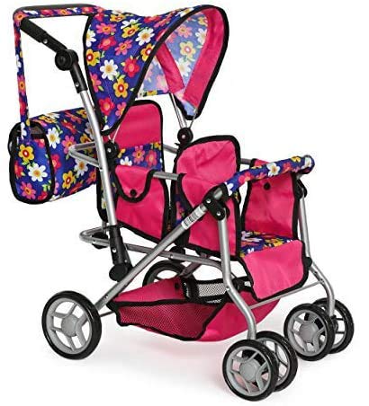 Twin Doll Stroller with Diaper Bag and Swivel Wheels & Adjustable Handle - Pink & Polka Dot Design (Flower)