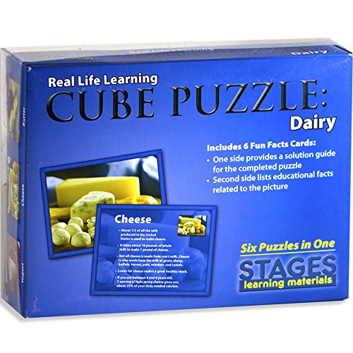 Stages Learning Materials Real Picture Dairy Foods Wood Cube Puzzle Language Builder Preschool Puzzle 6 Puzzles in 1, 12 cubes, 6 Education Fact Cards