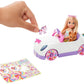 Barbie Chelsea Toy Car Set with Unicorn Theme, Blonde Small Doll in Removable Skirt, Pet Puppy, Sticker Sheet & Accessories