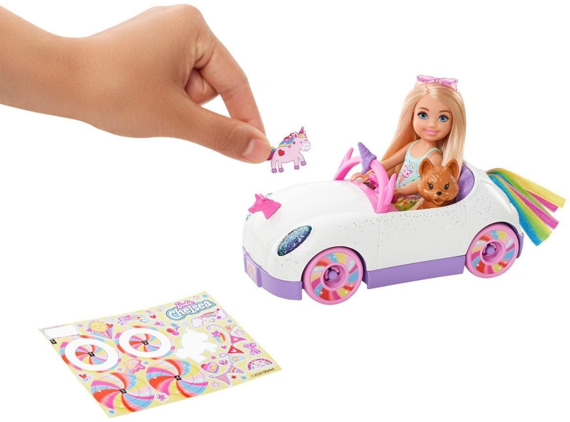 Barbie Chelsea Toy Car Set with Unicorn Theme, Blonde Small Doll in Removable Skirt, Pet Puppy, Sticker Sheet & Accessories