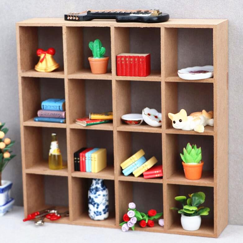 1:12 1/12 Scale Dollhouse Miniature Furniture Wooden 16 Grid Display Storage Rack Shelf 6.5" Storage Rack 16 Grid Shelves Doll House Wall Rack