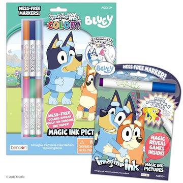 Bendon Official Bluey Imagine Ink Coloring Book Set 2 Pack with Mess-Free Markers, 16 Pages, 6 Magic Ink Markers, Built-in Storage Case, Travel Gift
