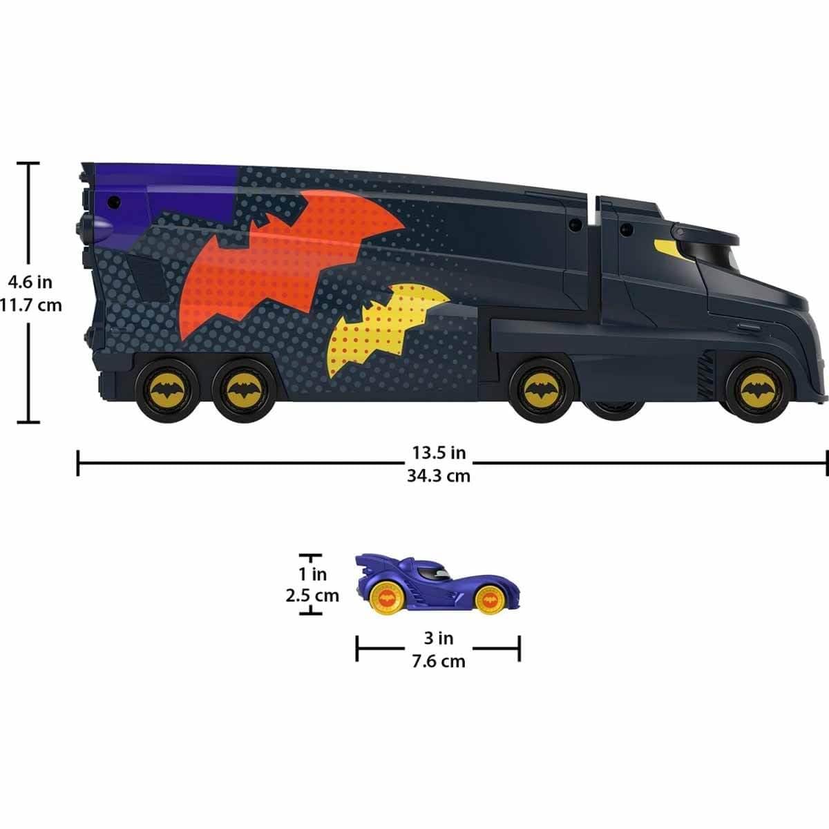 Fisher-Price DC Batwheels Toy Hauler and Car, Bat-Big Rig with Ramp and Bam The Batmobile 1:55 Scale Diecast Toy Vehicle, Ages 3+ Years