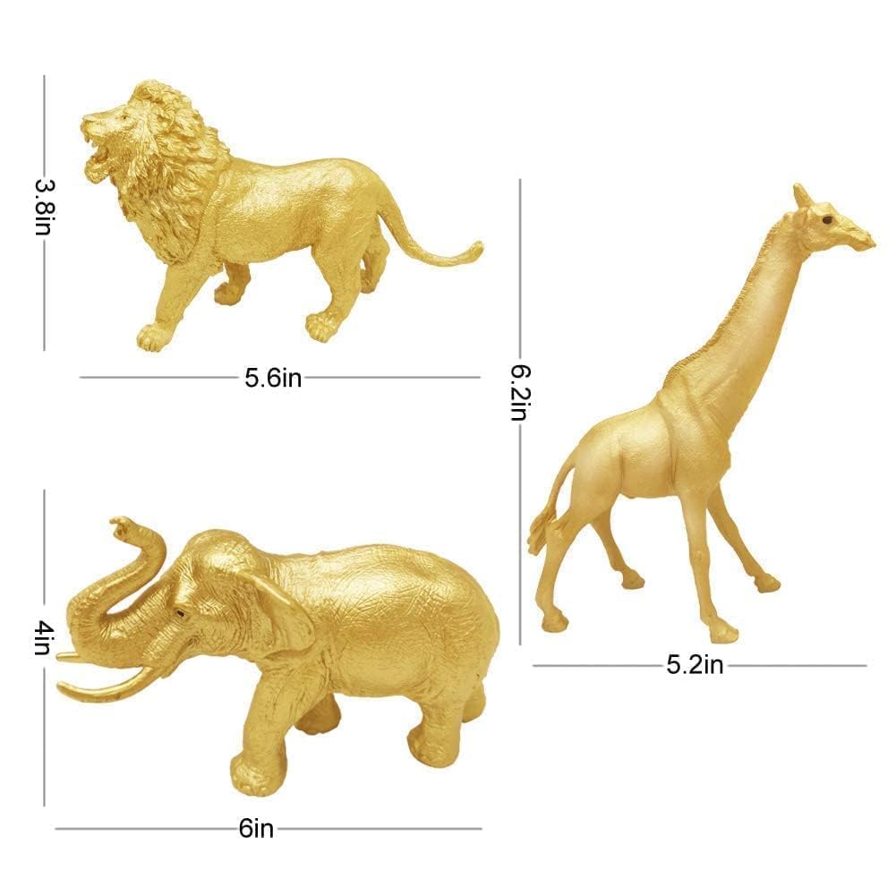 Metallic Gold Plastic Animal Figurines Toys, 12PCS Golden Safari Zoo Animal Figures, Jungle Wild Animals for Baby Shower Decor, Safari Themed Birthday