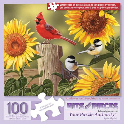 Bits and Pieces - 100 Piece Jigsaw Puzzle for Adults - Sunflower & Songbirds - Cardinals Jigsaw Puzzle by William Vanderdasson, Completed Puzzle Size