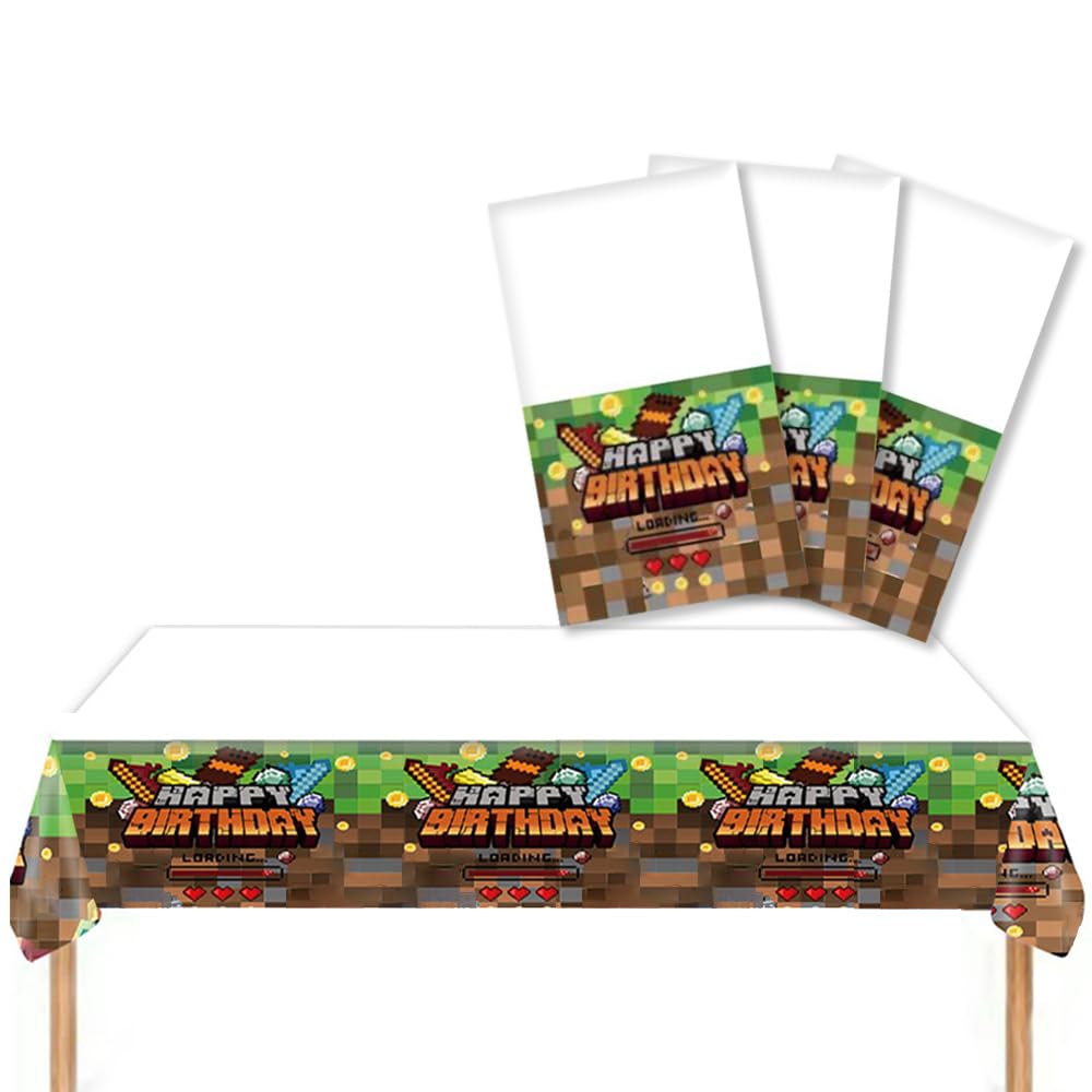 OLAPSATD Sandbox Game Theme Tablecloth, 3 Pcs Plastic Disposable Pixel Video Game Tablecovers Supplies Rectangle Sandbox Miner Decorations