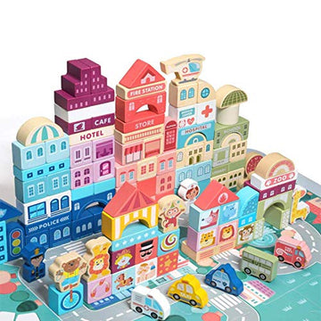 moderngenic 181pcs 'Streetscape' Wooden Building Block Set for Toddlers, Jigsaw Puzzle City Map, 11 Buildings (3 Extra Bonus: Circus, Zoo