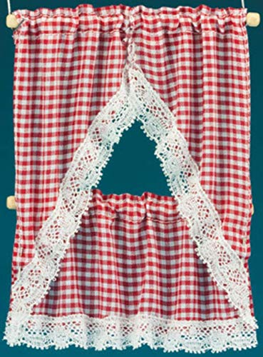 Melody Jane Dollhouse Red Gingham Kitchen Curtains & Valance on Rail Miniature Accessory