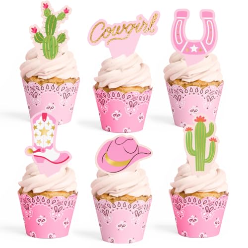 xo, Fetti Cowgirl Cupcake Toppers and Wrappers - 24 Pc Set | Pink Western, First Rodeo Birthday, Bandana Party, Western Cowboy Cake Decor