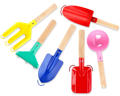 Katroiy 6 Piece Beach Sand Box Toys, Kids Gardening Tools, Made of Metal with Sturdy Wooden Handle, Safe Beach Gardening Set, Spoon, Fork, Rake