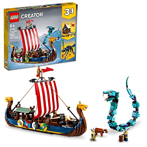 LEGO Creator 3 in 1 Viking Ship and The Midgard Serpent, Transforms from Amazing Ship to Viking House or Fenris Wolf Figure, Gifts for Kids, Boys, and
