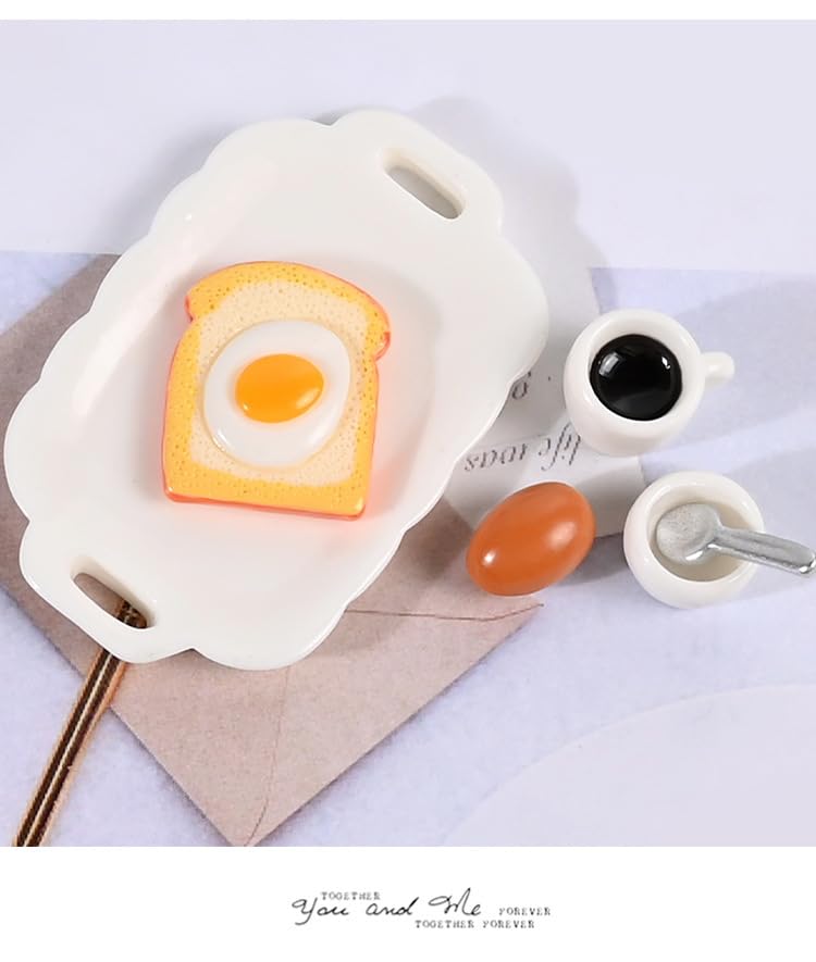 7 Pieces 1:12 Scale Miniature Breakfast Set - Dollhouse Kitchen Accessories, Includes Tray, Spoon, Cup, Coffee, Eggs, Bread, and Other Decorative