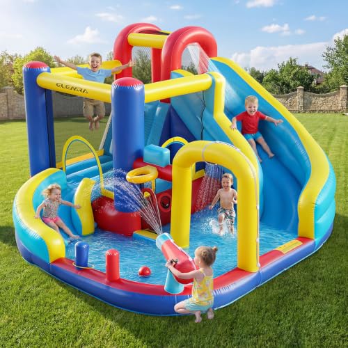 ELEMARA 10 in 1 Inflatable Water Slide Bounce House, Inflatable Bounce House with Blower, Dual Slides & Climbing Walls & Ring-toss Game & 2 Water