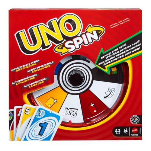 Mattel Games UNO Spin Card Game for Kid, Adult & Family Nights, Classic Play with Toy Spinner, New Challenges & Rules, Rainy Day Activity