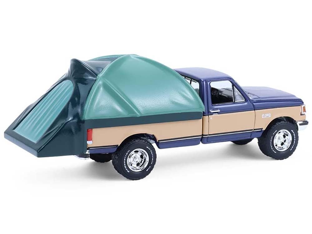 1987 F 150 XLT Lariat Pickup Truck Dark Blue and Tan with Modern Truck Bed Tent The Great Outdoors Series 4 1/64 Diecast Model Car by Greenlight