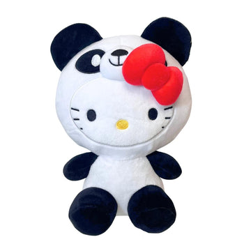 Hello Kitty Panda Wildlife Sandrio Plush Toy, White and Black Stuffed Animal with Red Bow, 9 Inch