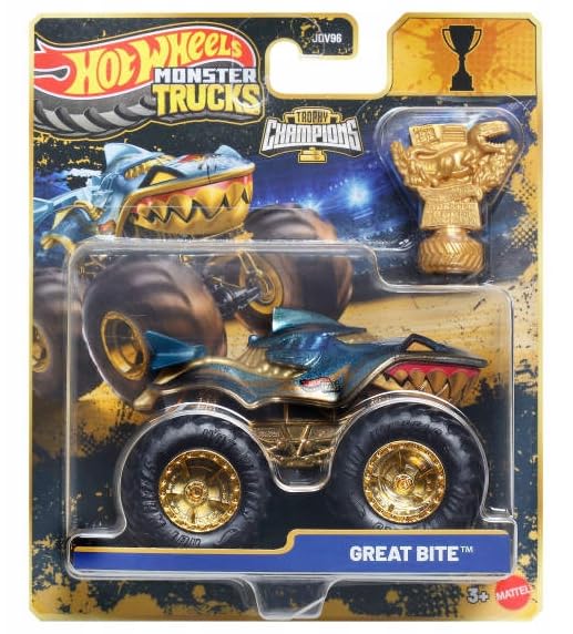 Hot Wheels Monster Trucks Trophy Champions Great Bite [Gold] Includes Toy Trophy! 1:64 Scale Diecast Toy Vehicle