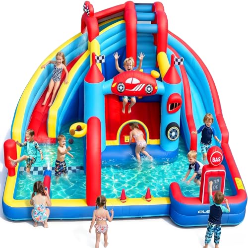 ELEMARA Speed Racer 15-in-1 Inflatable Water Slide Bounce House for Big Kids, 191x175in Double Slide Water Park w/Climbing Wall, Splash Pool,Water