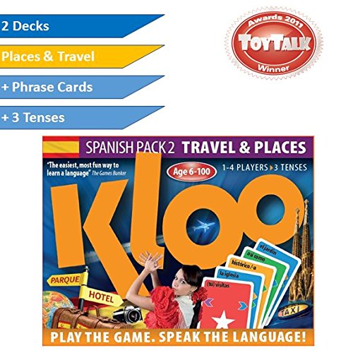 KLOO Learn Spanish Card Game | Home Fun Family Kids Adults | Make Sentences & Talk in a Flash | 2 Decks 100's Words Places & Travel vocab | Juegos de