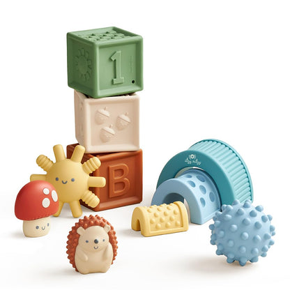 Itzy Ritzy Sensory Blocks Set - Baby Building Blocks 10-Piece Set - Features Soft & Textured Characters - Sensory Toy for Babies & Toddlers Aged 0