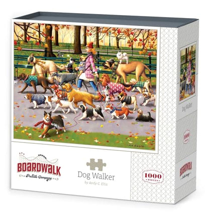 Boardwalk Dog Walker 1000 Piece Jigsaw Puzzle Funny Autumn Animal Puzzles with Premium Box, Gift for Adults and Family 19"x26"