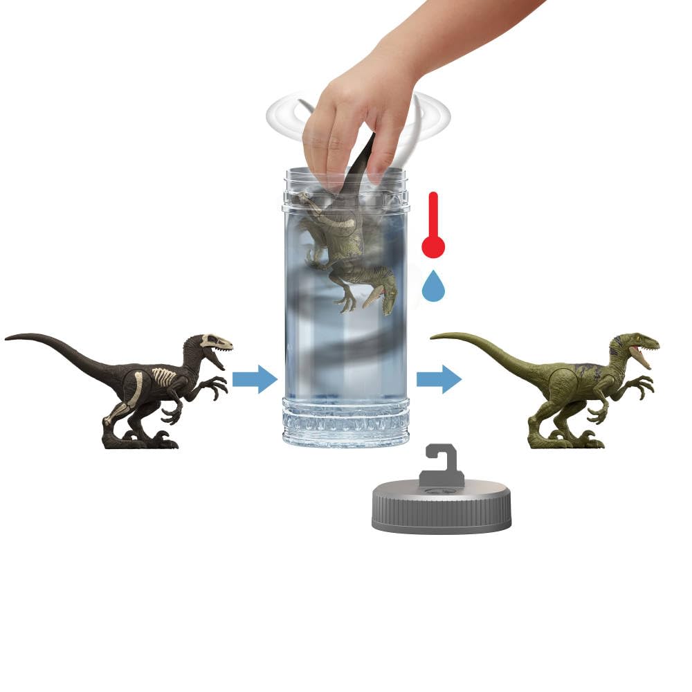 Mattel Jurassic World Dino Reveal Dinosaur Toys, Unpack Surprise & Warm Water Uncovers Full Decoration, 5 to 7 Inches, Species Vary