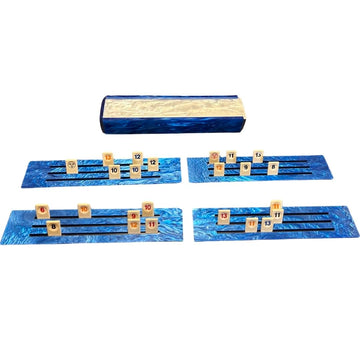 Lucite Rumikub Premium Set - Tiles, Holders, and Storage Acrylic Box Included (Blue Marble/White Marble)