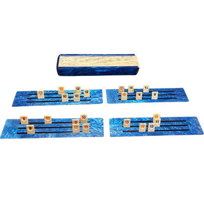 Lucite Rumikub Premium Set - Tiles, Holders, and Storage Acrylic Box Included (Blue Marble/White Marble)