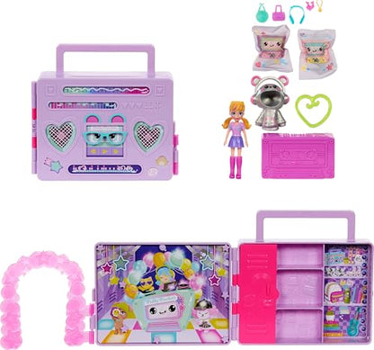 Polly Pocket Doll & Playset, Disco Dance Fashion Reveal Unboxing Travel Toy with 3-inch Hoodie Buddy Doll, 16 Accessories & Surprise Water Play