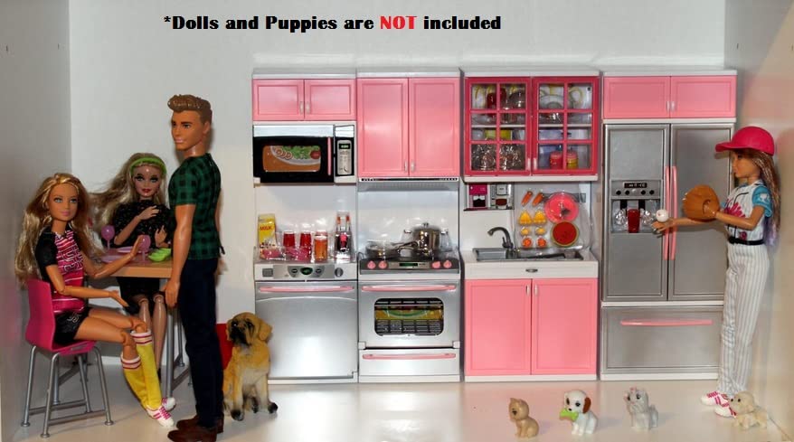 PowerTRC Doll Kitchen Play Set, Mini Modern Toy Pink Kitchen Pretend Play Furnitures Toy Set Accessories Set with Realistic Light & Sound for Kids