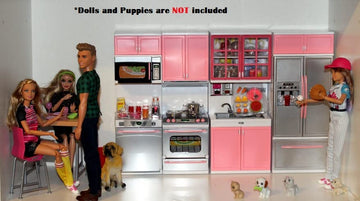 PowerTRC Doll Kitchen Play Set, Mini Modern Toy Pink Kitchen Pretend Play Furnitures Toy Set Accessories Set with Realistic Light & Sound for Kids