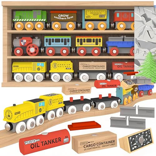 Wooden Train Set 12 PCS Magnetic Toy Train Cars with Storage Box Cover Tunnel Compatible with Thomas Brio Melissa and Doug Wooden Railway Toys