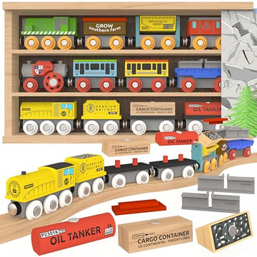 Wooden Train Set 12 PCS Magnetic Toy Train Cars with Storage Box Cover Tunnel Compatible with Thomas Brio Melissa and Doug Wooden Railway Toys
