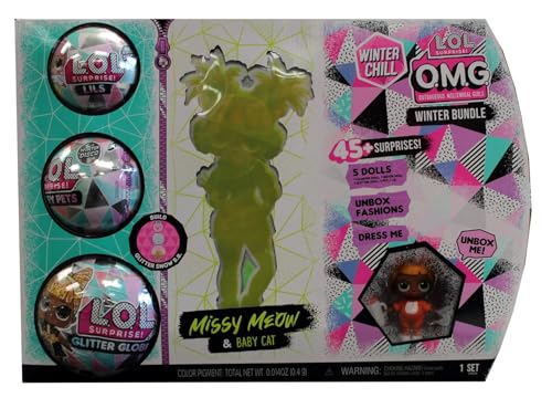 MGA Entertainment Winter Chill L.O.L. O.M.G Surprise Winter Bundle- 1 Missy Meow, 1 Baby Cat, 1 Lils, 1 Fluffy Pets, 1 Glitter Globe