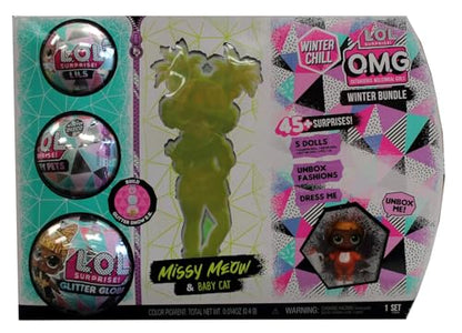 MGA Entertainment Winter Chill L.O.L. O.M.G Surprise Winter Bundle- 1 Missy Meow, 1 Baby Cat, 1 Lils, 1 Fluffy Pets, 1 Glitter Globe