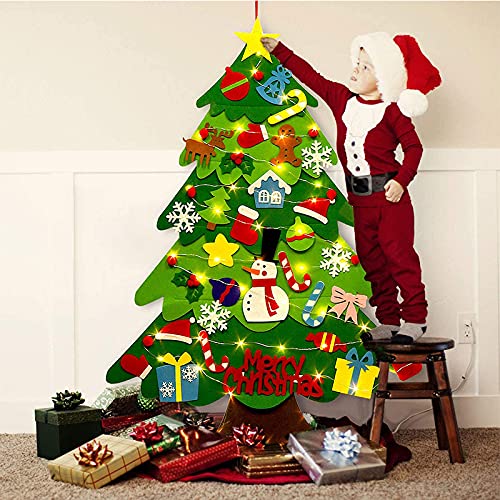 izosen Felt Christmas Tree for Kids Wall with Led String Light, 3Ft Wall Hanging DIY Felt Christmas Tree & 32 Felt Detachable Ornaments for Boys Girls
