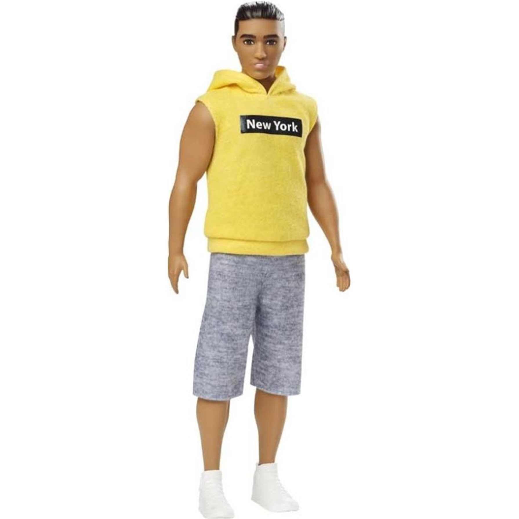 Barbie Ken Fashionistas Doll #131 with Sculpted Brunette Hair Wearing a Yellow New York Hoodie, Gray Shorts & White Sneakers, Toy for Kids 3 to 8