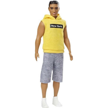 Barbie Ken Fashionistas Doll #131 with Sculpted Brunette Hair Wearing a Yellow New York Hoodie, Gray Shorts & White Sneakers, Toy for Kids 3 to 8