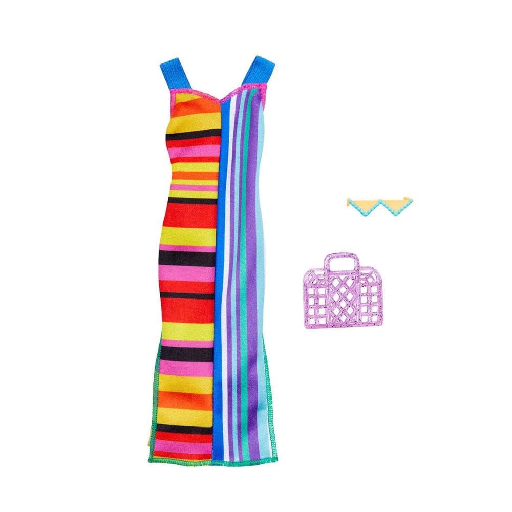 Barbie Fashion Pack of Doll Clothes, Complete Look Set with Striped Dress and Accessories