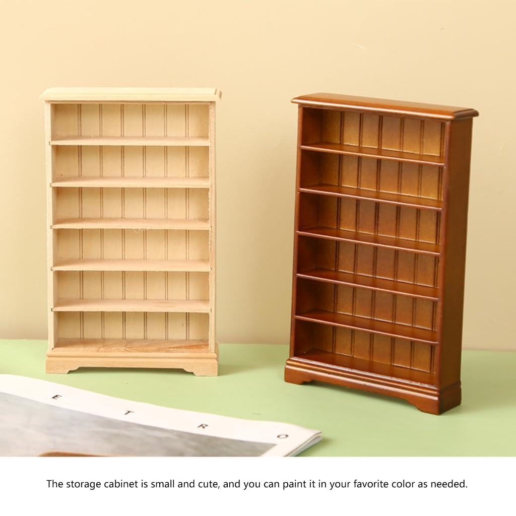 Miniature Library Wooden Bookshelf Model Realistic Dollhouses Bookcase Cabinet Furniture Ornament Decors for 1:12 Scale