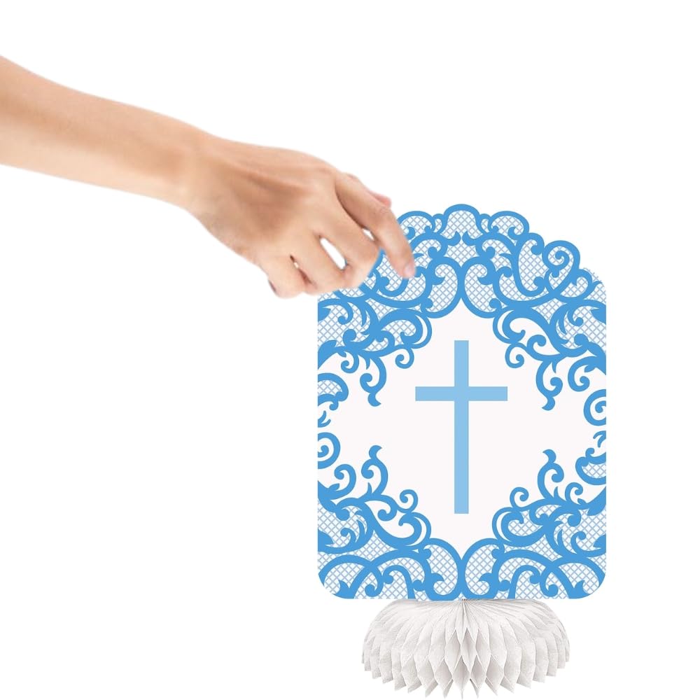 Fancy Blue Cross Honeycomb Decorations - 8" (Pack of 3) - Stunning Paper Party Decor for Baptism, Communion, and Religious Events