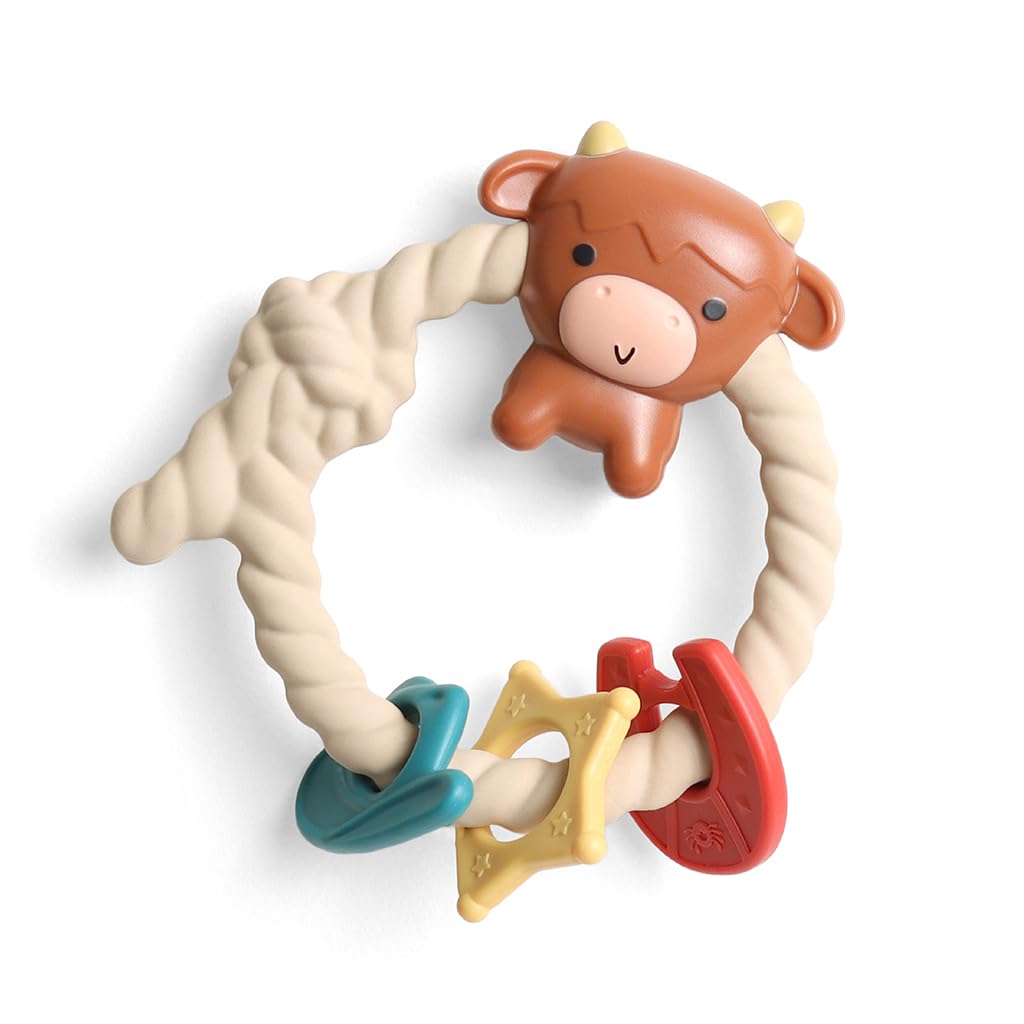 Itzy Ritzy Silicone Teether with Rattle - Rattle Teether Features Rattle Sound, Three Silicone Teething Rings and Raised Texture to Soothe Gums - Ages