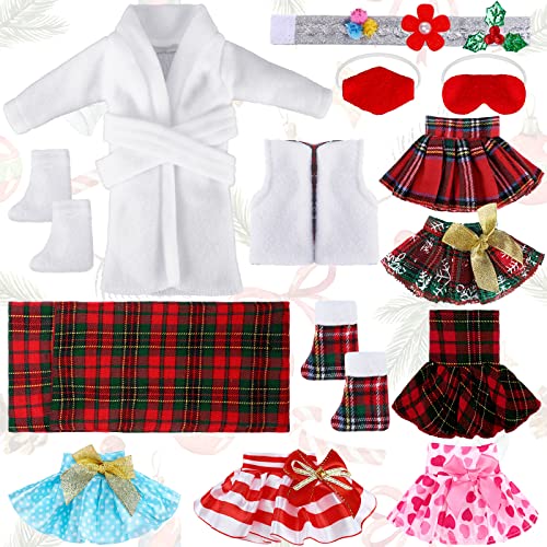 Sumind 14 Pieces Christmas Doll on Clothes Accessories Outfits Set Including Skirts, Bathrobe, Sleeping Bag, Fluffy Vest, Shirt, Scarf, Eye Cover
