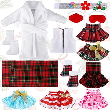 Sumind 14 Pieces Christmas Doll on Clothes Accessories Outfits Set Including Skirts, Bathrobe, Sleeping Bag, Fluffy Vest, Shirt, Scarf, Eye Cover