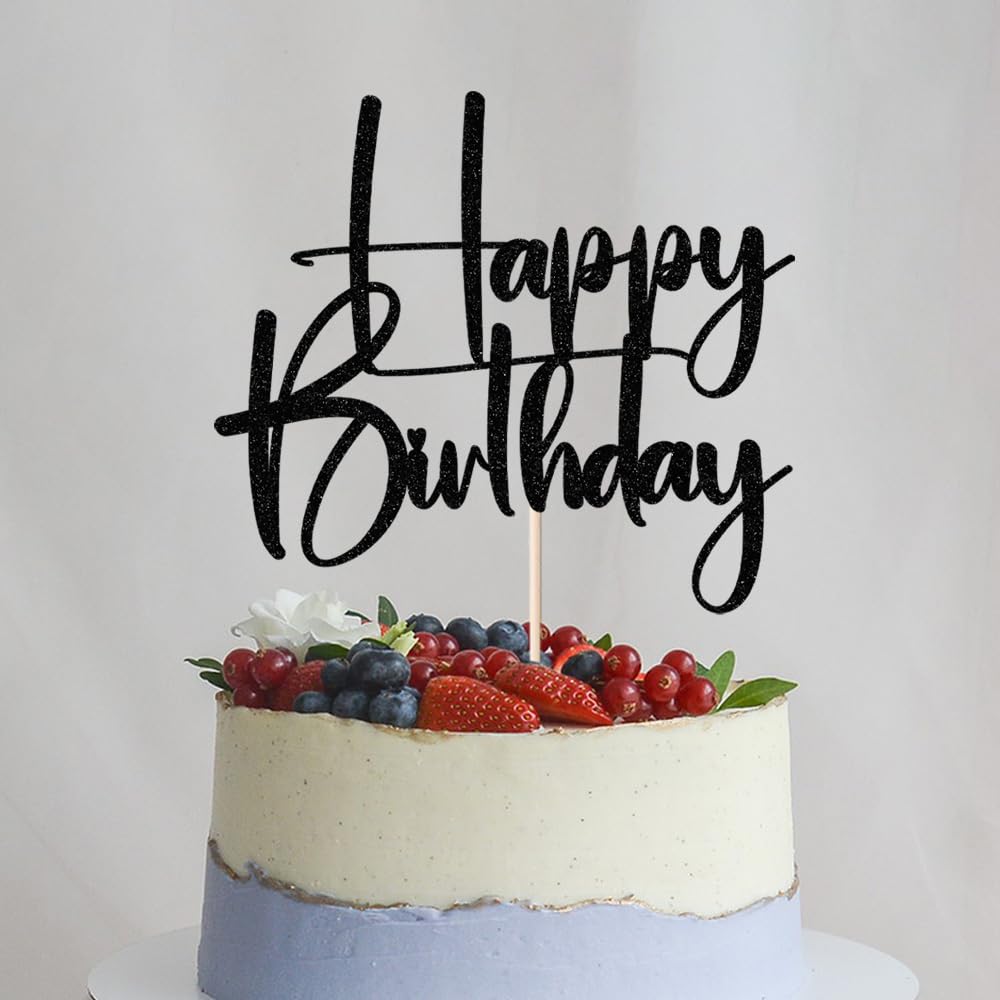 Happy Birthday Cake Topper,black Glitter Cake Pick Bunting Decor for Anniversary Birthday Party Cake Decorations Supplies